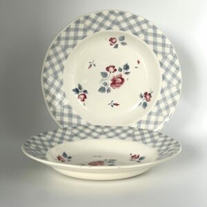 Assiette creuse Bastia Digoin Sarreguemines décor petites fleurs bordeaux et grises