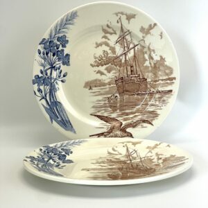 Assiette plate signée Clairefontaine Marines Terre de fer décor voilier et oiseaux