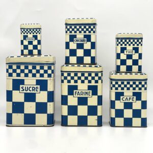 Lot de 6 boites anciennes en métal décor damier bleu Lustucru
