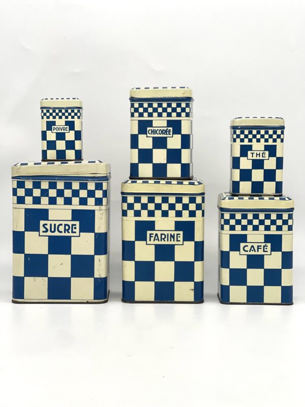 Lot de 6 boites anciennes en métal décor damier bleu Lustucru