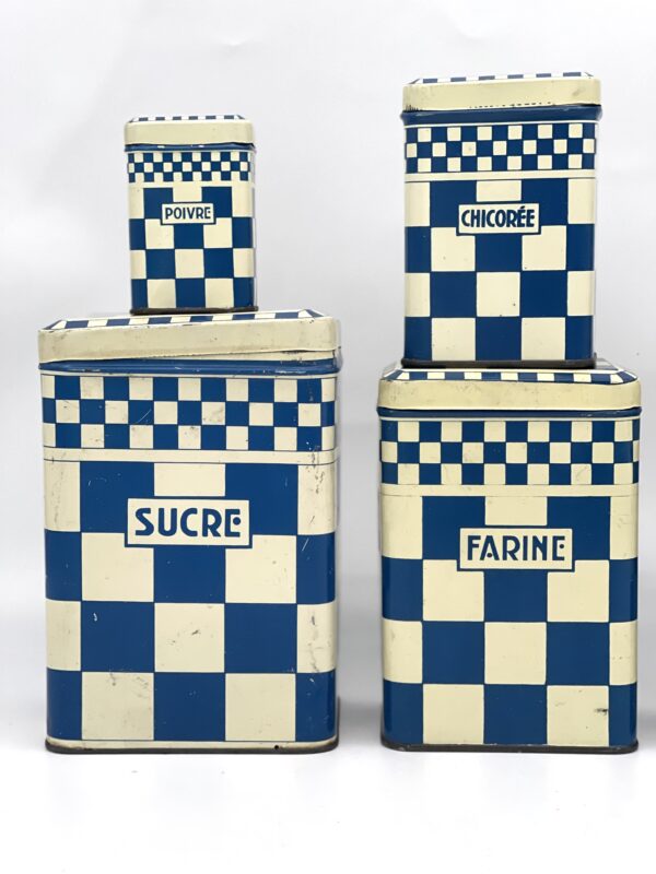 Lot de 6 boites anciennes en métal décor damier bleu Lustucru – Image 2