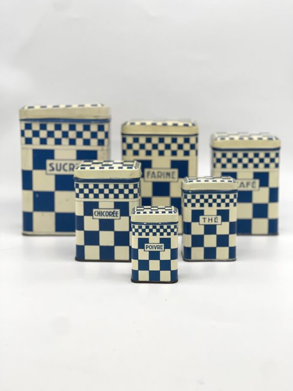 Lot de 6 boites anciennes en métal décor damier bleu Lustucru – Image 4