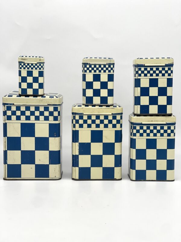 Lot de 6 boites anciennes en métal décor damier bleu Lustucru – Image 5