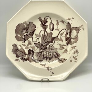 Assiette creuse octogonale Longchamp Pavots décor marron