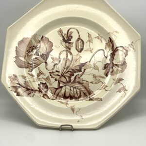 Assiette plate octogonale Longchamp Pavots décor marron