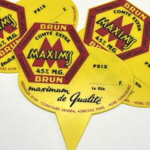 Etiquette publicitaire Fromageries Brun Comté extra Maxim's Poligny
