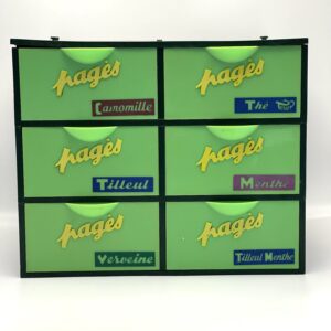 Rangement publicitaire pour tisane Pagès et thé Tetley en plastique vert